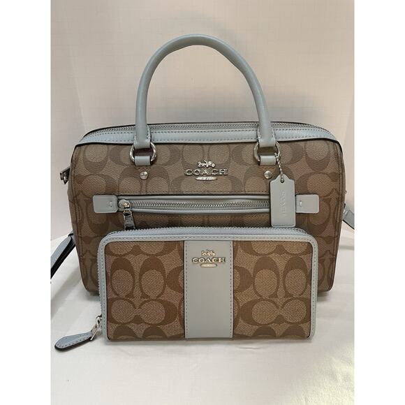 Coach Rowan Satchel Authentic F83607 and Matching Wallet Khaki & Pale Blue - Picture 1 of 14